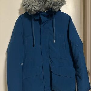 Men's Stylish Blue Puffer Jacket with Faux Fur Hood